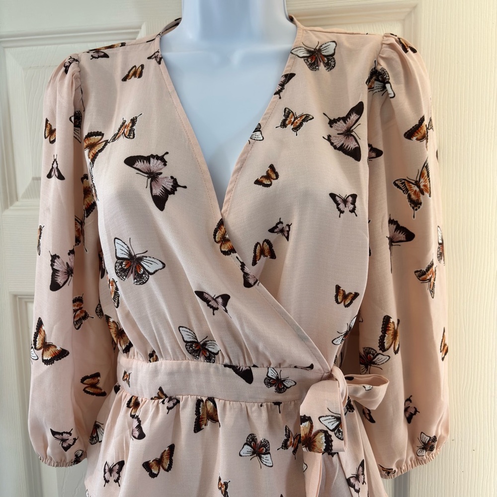 Sweet Rain Butterfly Print Wrap Blouse - Pink and Black